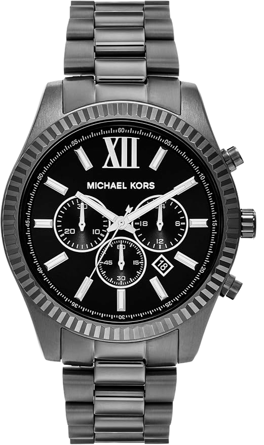 Michael Kors MK9217SET chronograph watch with black dial, Roman numerals, and three subdials