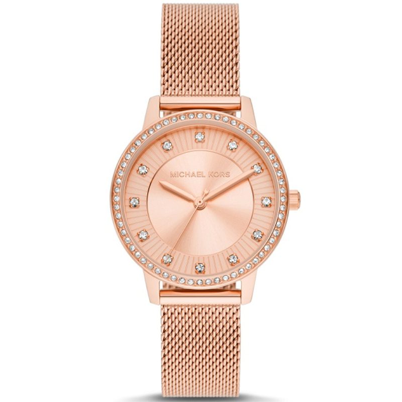 Michael Kors rose gold women's watch with crystal-set bezel, dial markers and mesh strap
