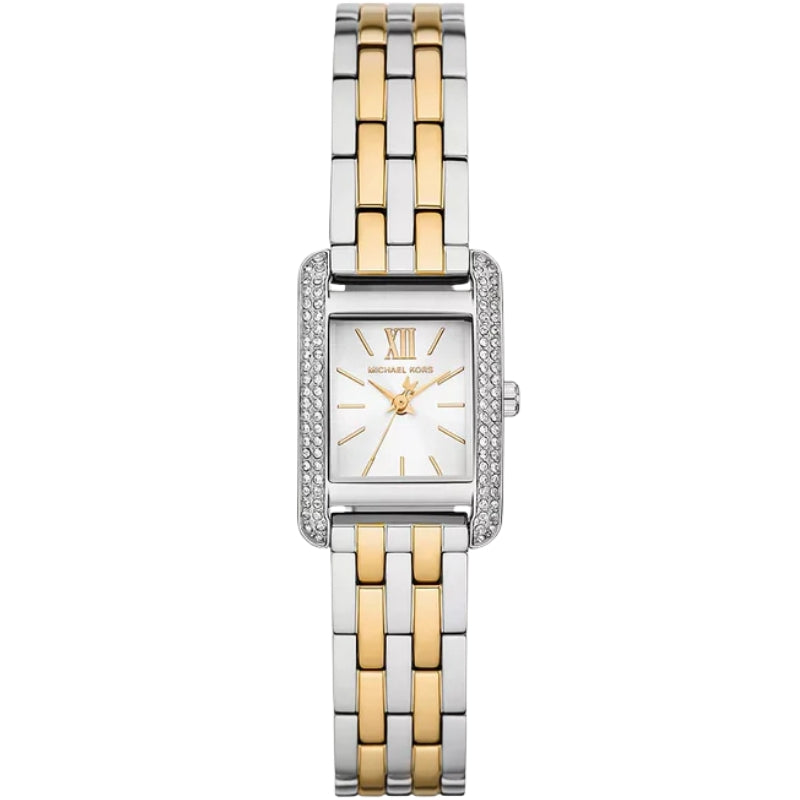 Michael Kors MKO1035 three-hand two-tone stainless steel watch with rectangular dial and crystal bezel