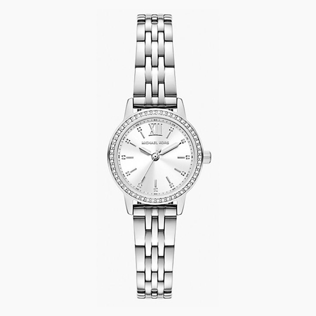 Michael Kors silver women's watch with crystal bezel and metal bracelet