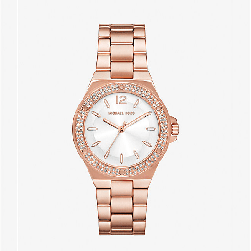 Michael Kors MKO1187 rose gold watch with crystal bezel and silver dial
