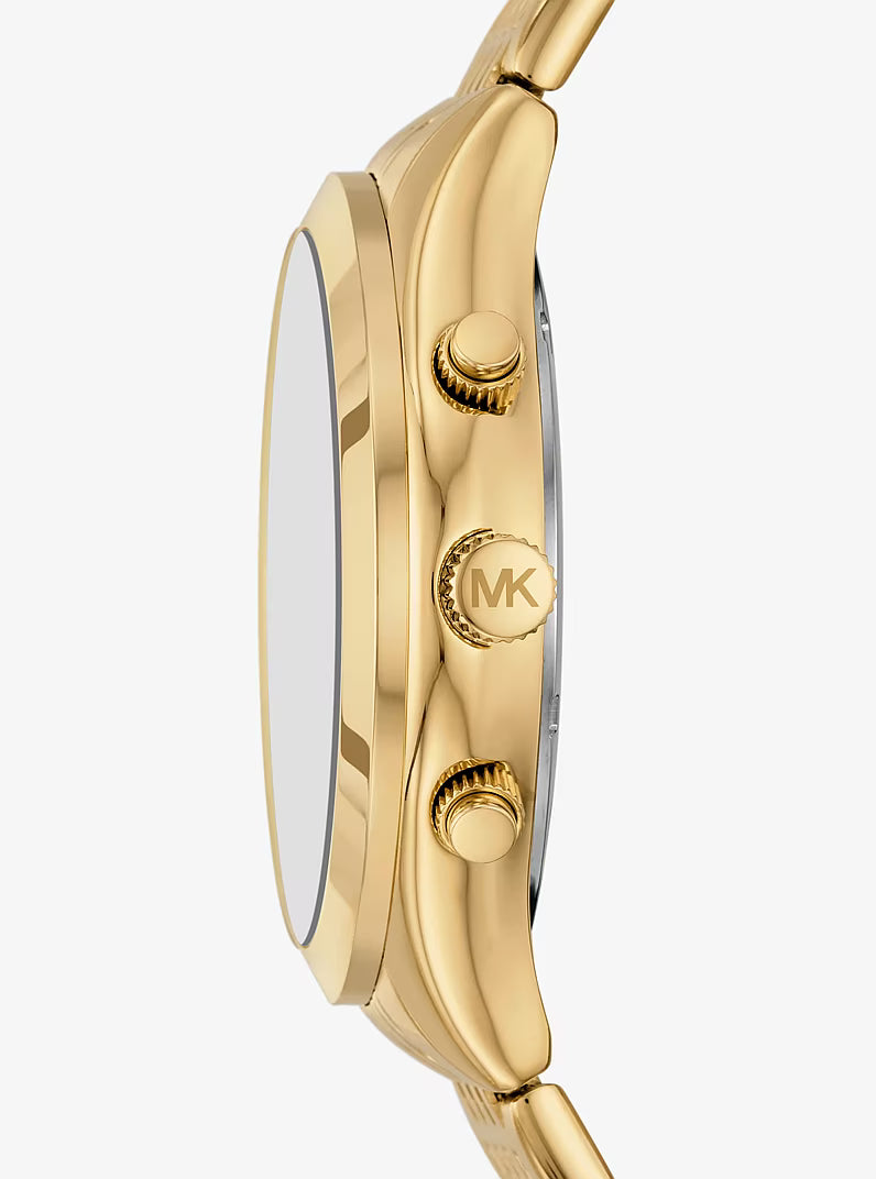 Side view of Michael Kors MKO1209 gold watch showing chronograph pushers and MK logo