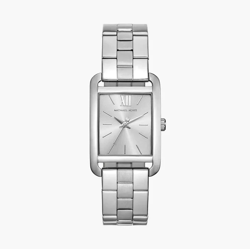 Michael Kors Monroe silver-tone watch with rectangular face and steel bracelet