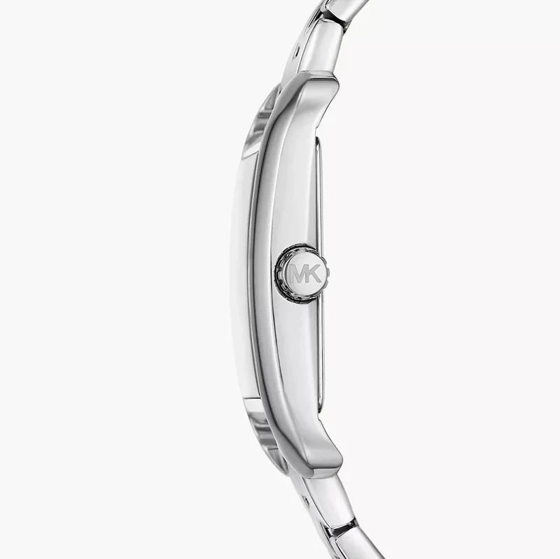 Side profile of Michael Kors Monroe watch showing case thickness and steel bracelet