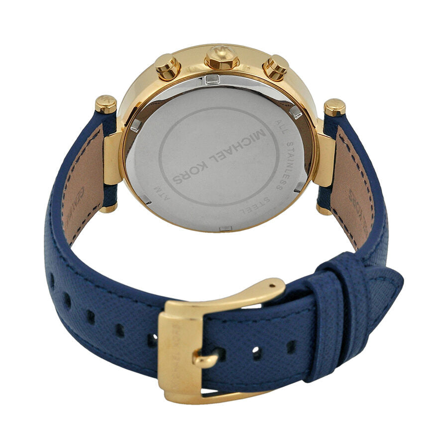 Parker watch caseback showing gold-tone case with blue leather and tan suede strap with buckle