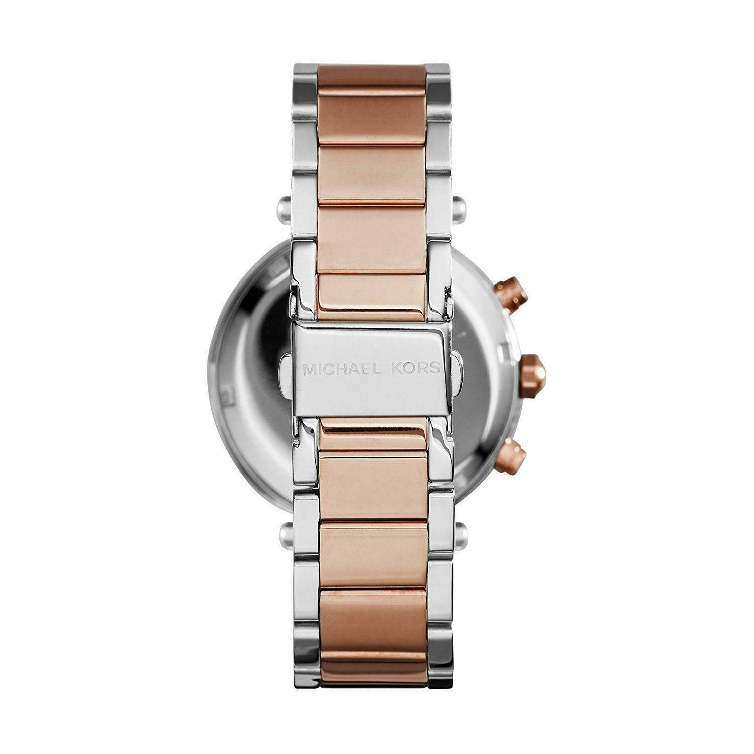 Back view of Michael Kors Parker chronograph watch showing case back and rose gold chronograph pushers