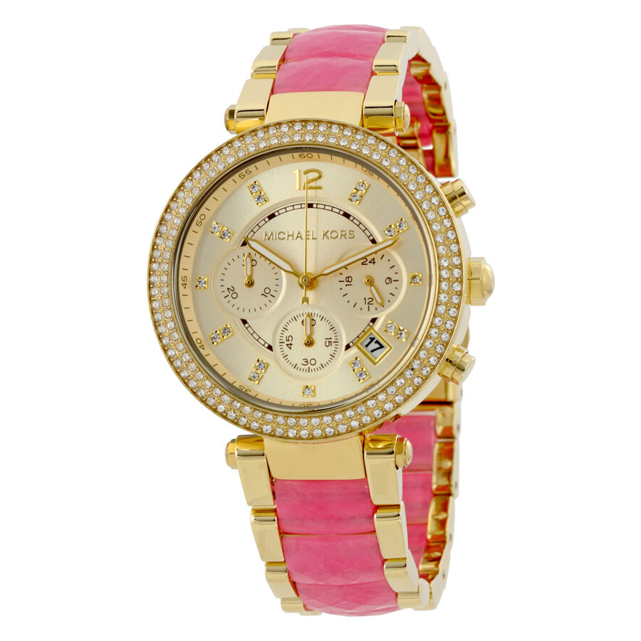 Michael Kors Parker MK6363 gold-tone chronograph watch with cream dial and pink rubber strap