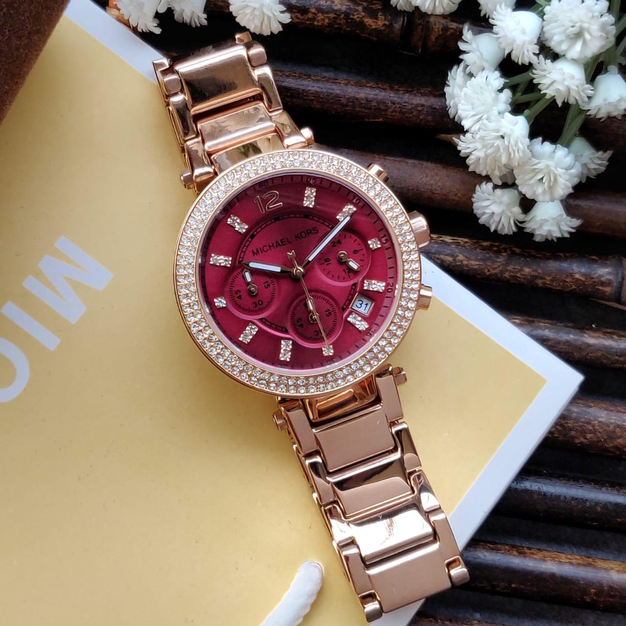 Michael Kors Parker Chronograph Red Dial Gold Ladies Watch MK6106 - The Watches Men & CO #3