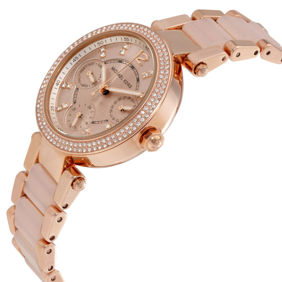 Parker Mini rose gold watch angled view showing ceramic and metal bracelet detail