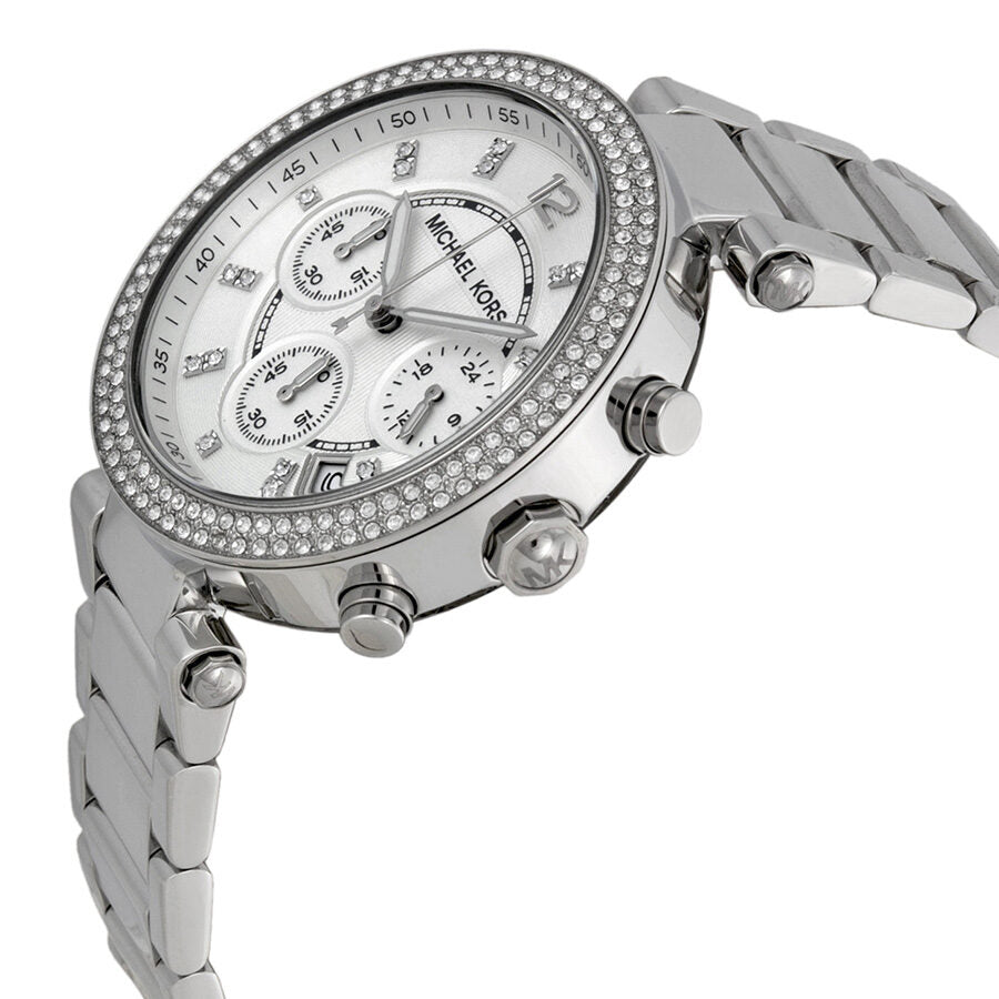 Michael Kors Parker chronograph watch shown at angle with stainless steel bracelet