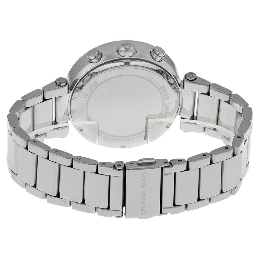 Michael Kors Parker watch caseback and stainless steel bracelet detail