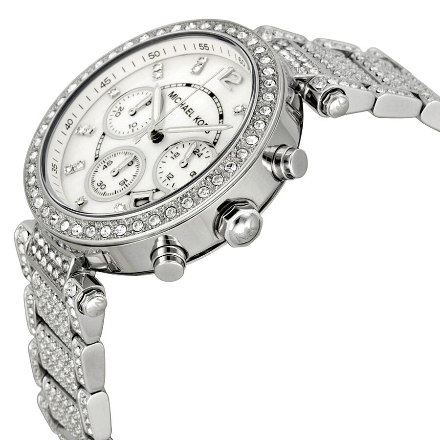 Michael Kors Parker chronograph watch side view showing chronograph pushers and crystal-set bracelet