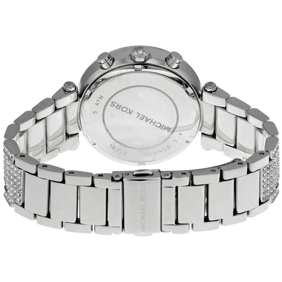 Michael Kors Parker watch caseback showing silver-tone metal bracelet