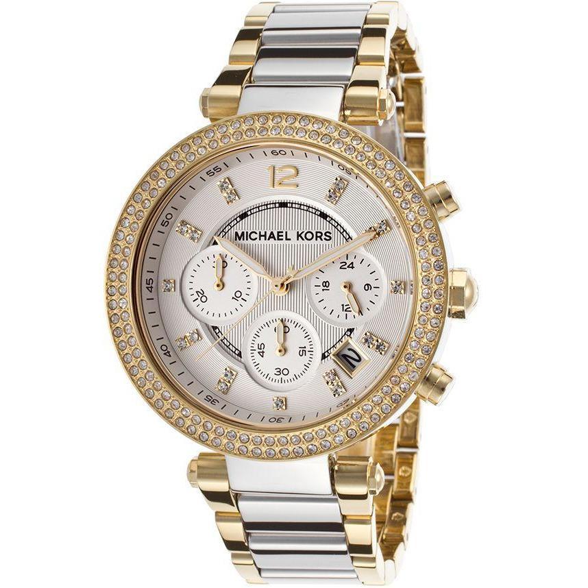 Michael Kors Parker chronograph women's watch with silver dial, two-tone bracelet and crystal bezel