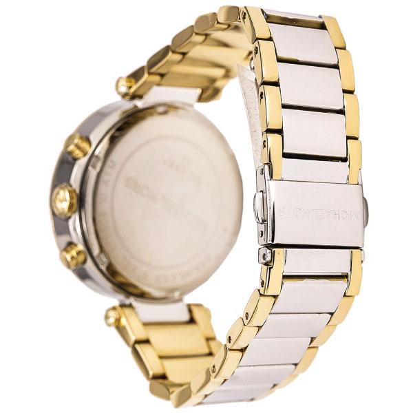 Side view of Michael Kors Parker watch showing case and two-tone bracelet