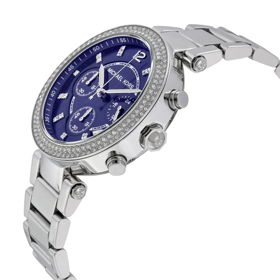 Side angle view of Michael Kors Parker MK6117 showing silver stainless steel bracelet and chronograph pushers