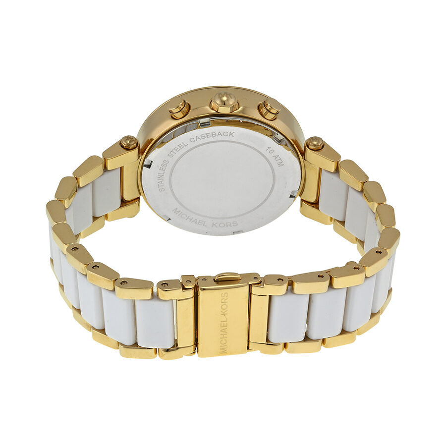 Back view of Michael Kors Parker women's watch showing case back and white and gold bracelet