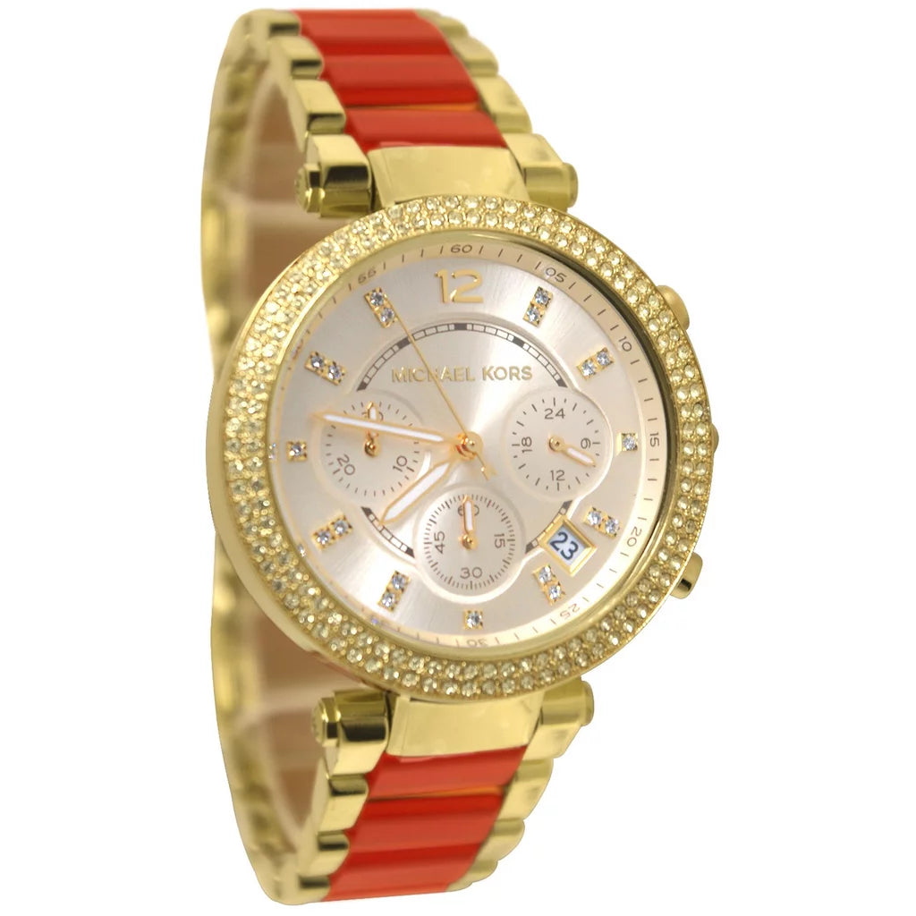 Michael Kors Parker ladies watch at angle showing gold and coral bracelet with champagne dial