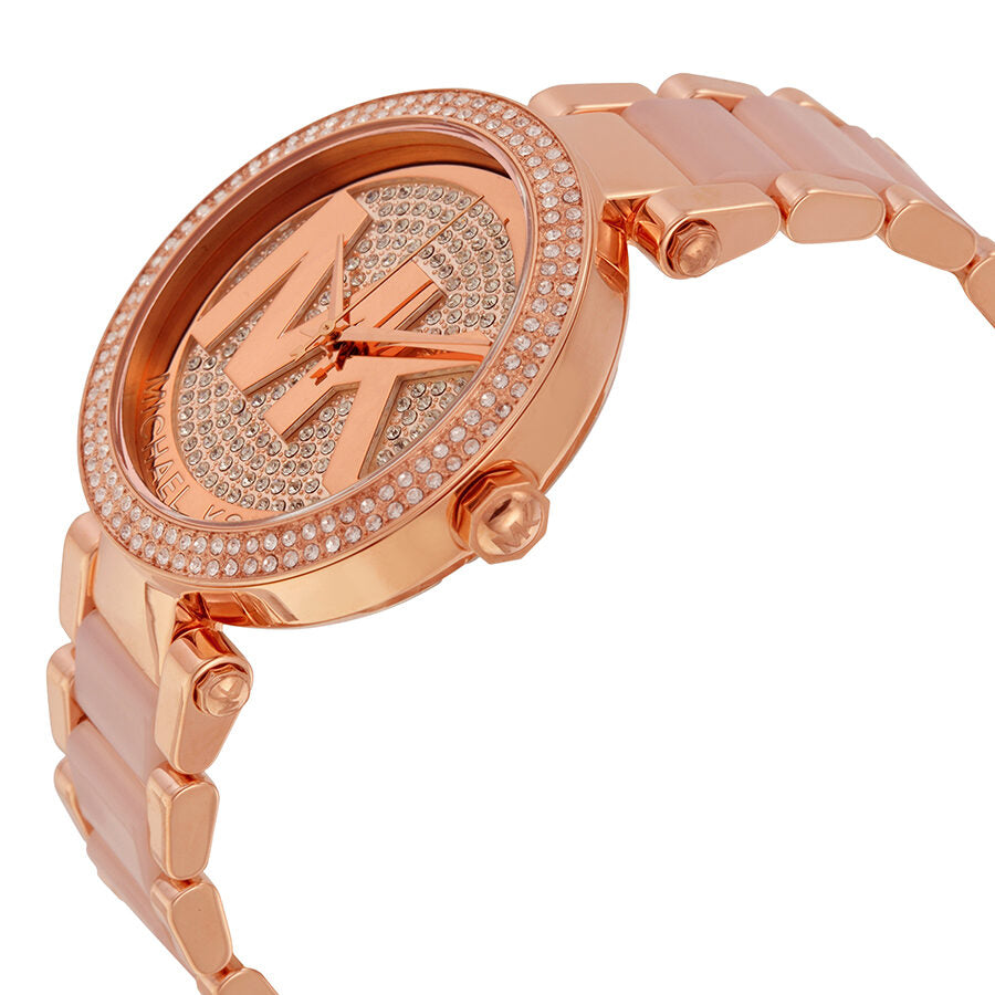 Michael Kors Parker watch angled side view showcasing crystal pave bezel and dial detail