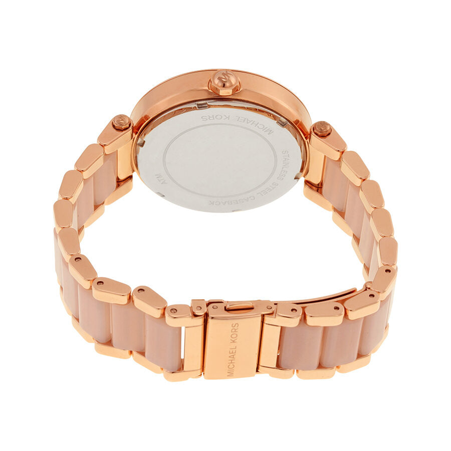 Michael Kors Parker watch caseback view showing rose gold tone case and bracelet strap