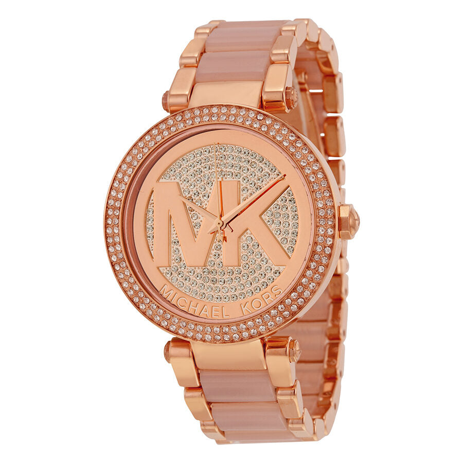 Michael Kors Parker ladies watch with rose gold tone case, crystal pave dial and logo, rose gold bracelet
