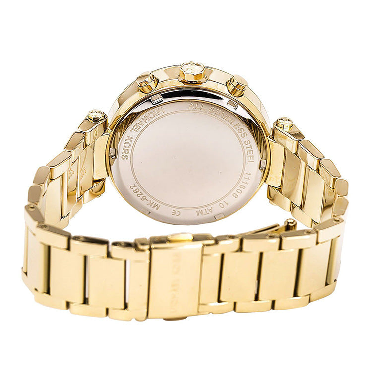 Back view of Parker watch showing gold-tone stainless steel caseback and bracelet