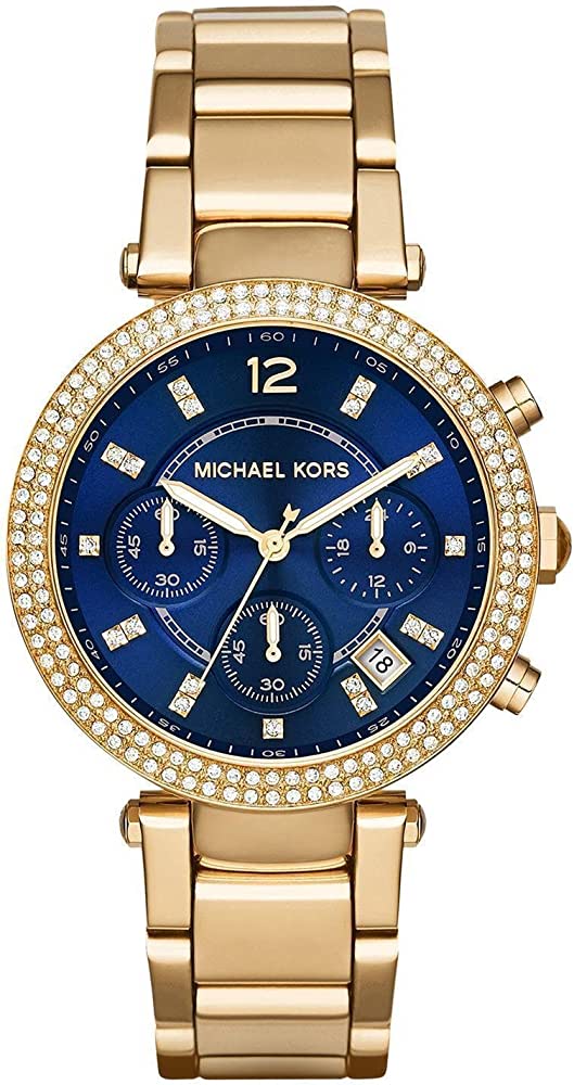 Michael Kors Parker women's watch with navy blue chronograph dial and diamond-set gold-tone bezel