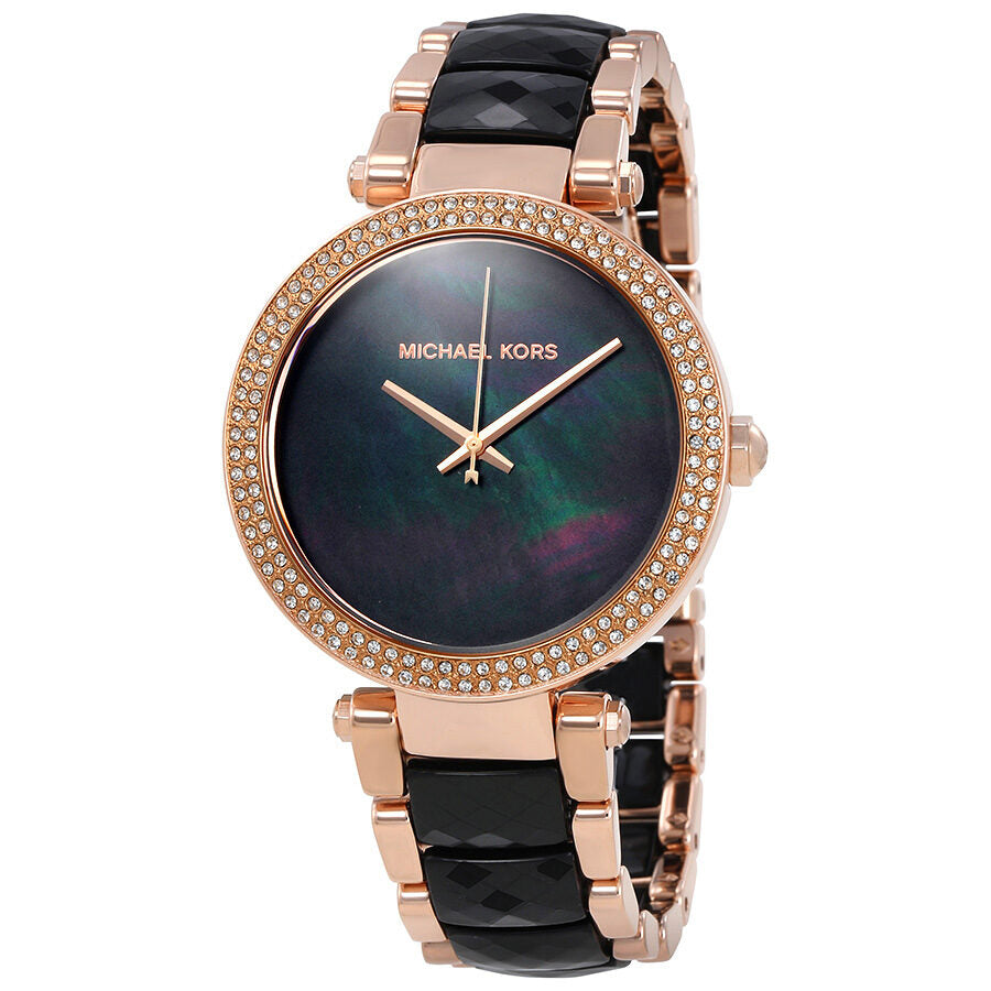 Michael Kors Parker black dial ladies watch with rose gold case, crystal-set bezel, and two-tone bracelet