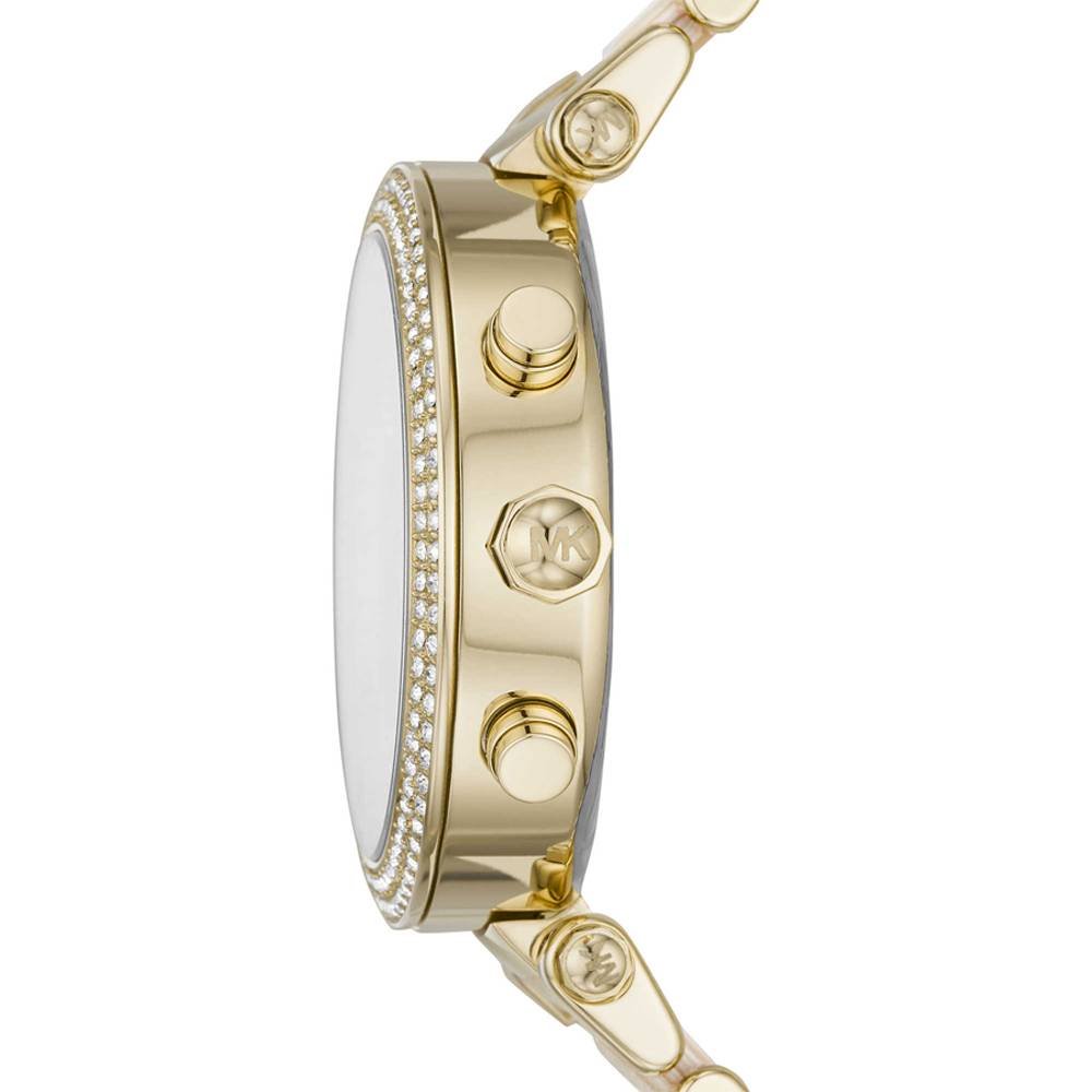 Side view of Michael Kors Parker watch showing gold case and mother-of-pearl band