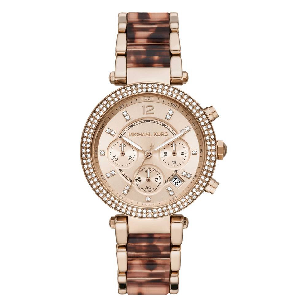 Michael Kors Parker chronograph ladies watch with crystal rose dial and diamond bezel on rose gold and tortoise strap