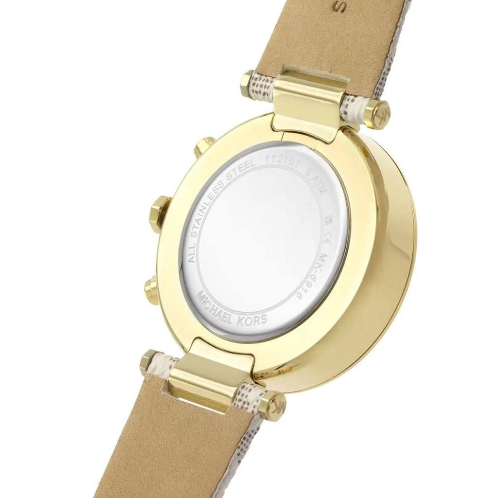 Case back of Parker watch displaying gold-tone back plate with Michael Kors branding and white leather strap attachment