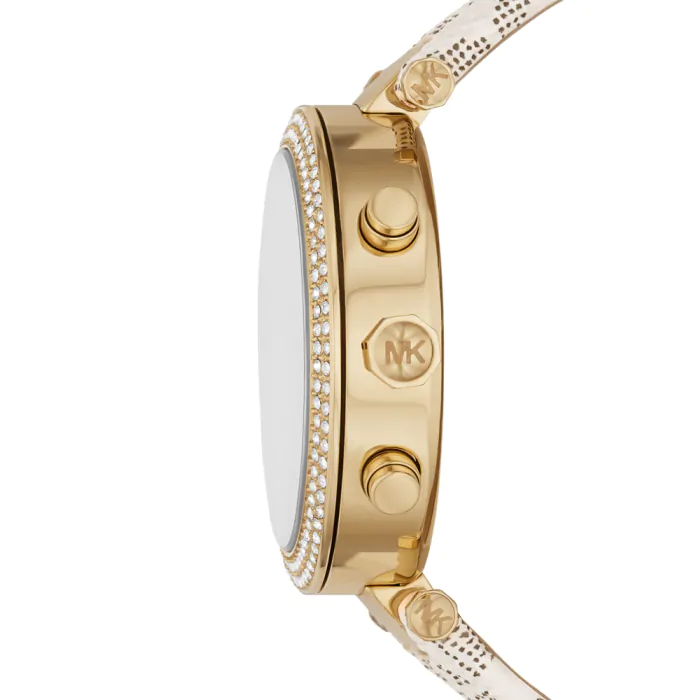 Side view of Parker watch case showing gold-tone case profile, crown, and chronograph pushers with white strap