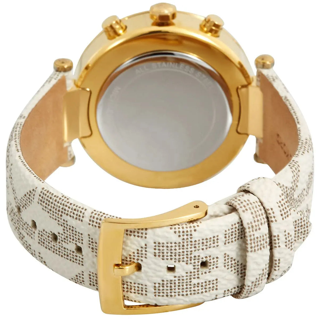 Back view of Parker watch showing white leather strap with monogram pattern, gold-tone hardware, and buckle closure