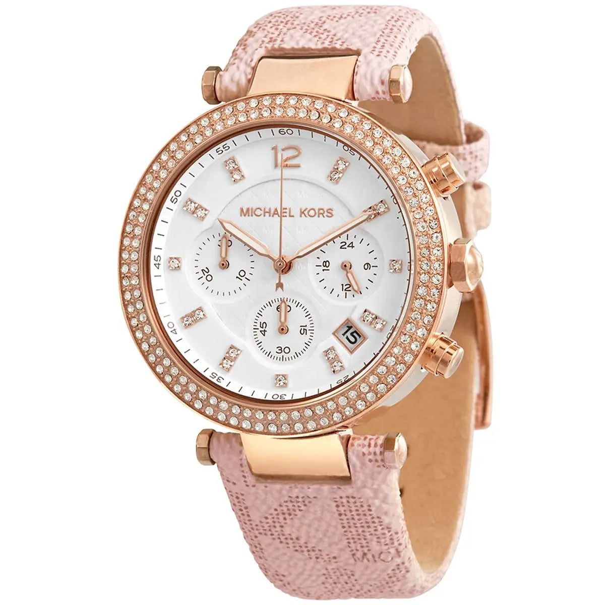 Michael Kors Parker Pavé watch showing rose gold chronograph case and pink leather strap with crystal markers