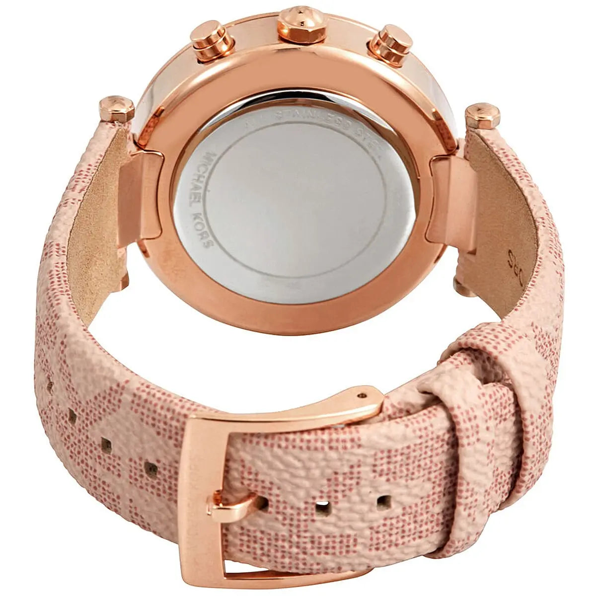 Michael Kors Parker Pavé watch caseback showing rose gold transparent case back and strap