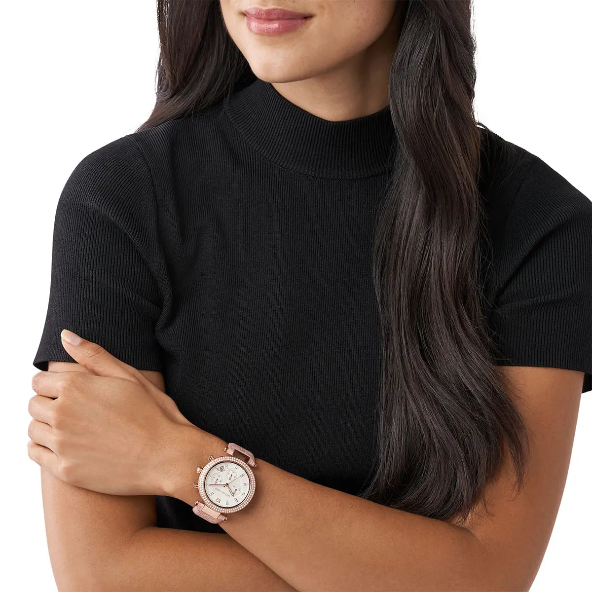 Michael Kors Parker Pavé chronograph watch worn on wrist with white dial and rose gold case