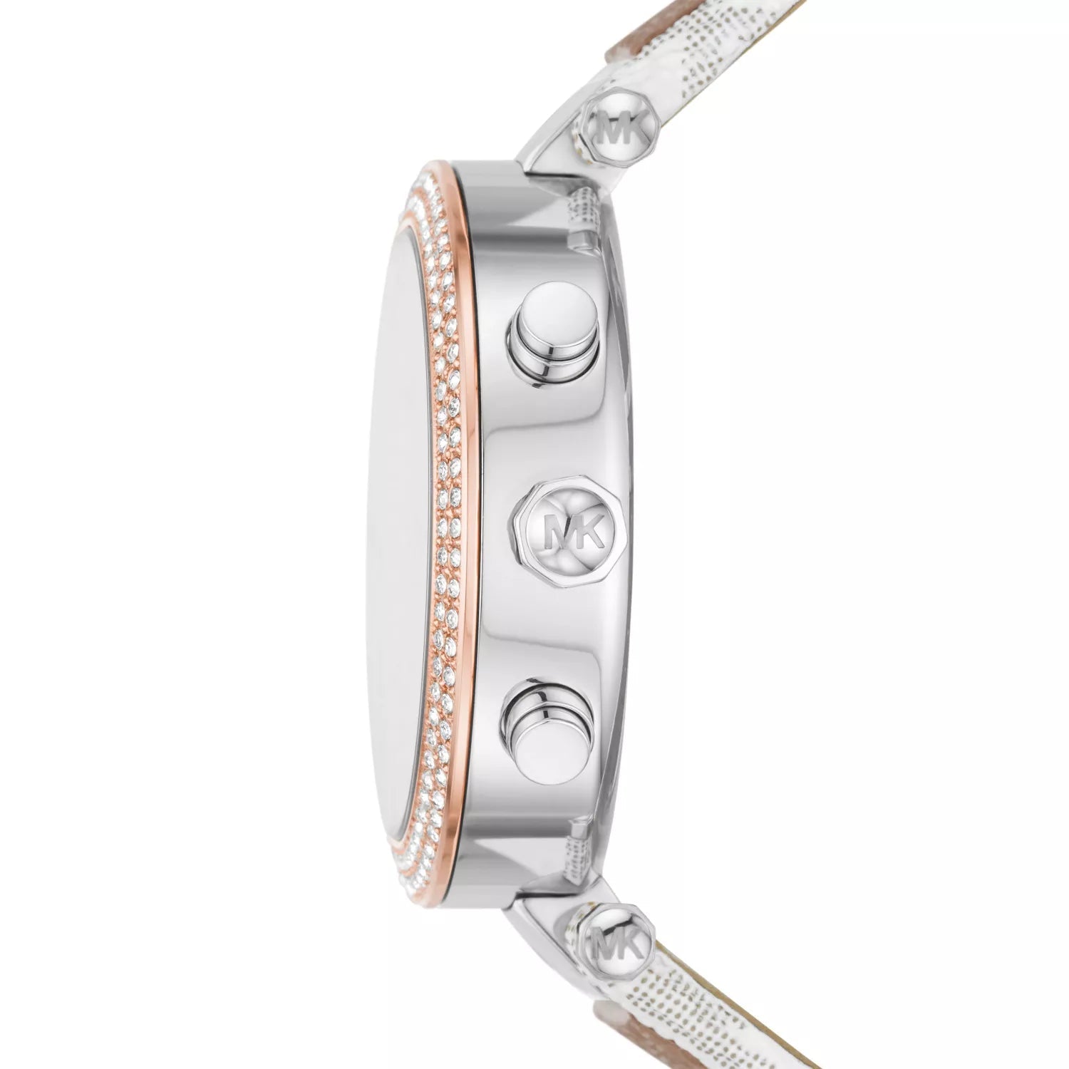 Side profile of Michael Kors Parker watch showing rose gold bezel, silver case, and multi-function chronograph pushers