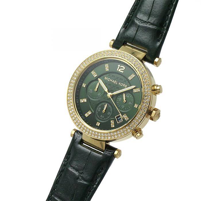 Michael Kors Parker chronograph watch angled view showing green leather strap and crystal bezel detail