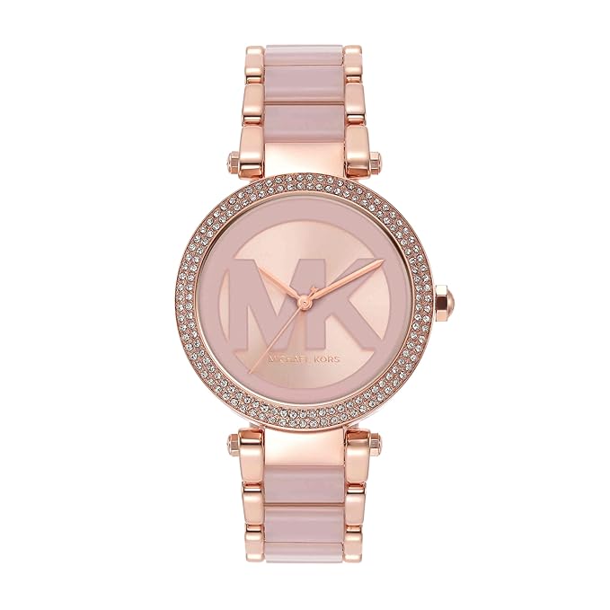 Michael Kors Parker women's watch with rose gold case, crystal bezel, and pink link bracelet