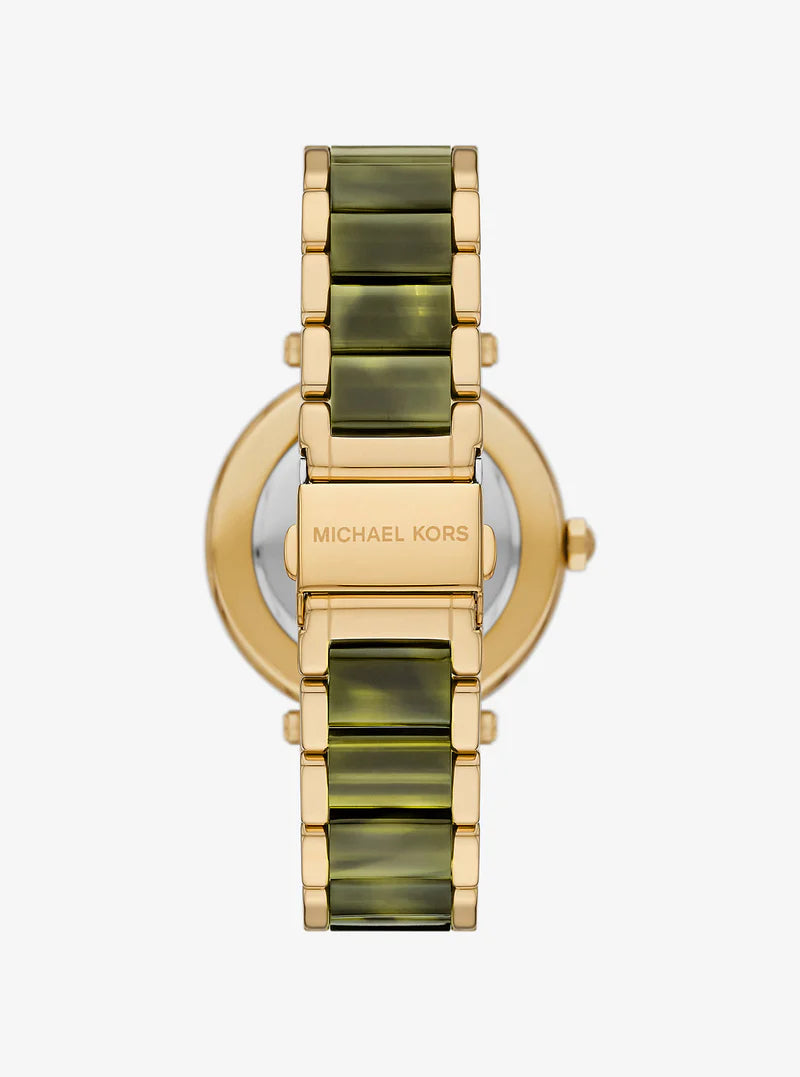 Michael Kors Parker watch caseback view showing thyme acetate strap and gold-tone case