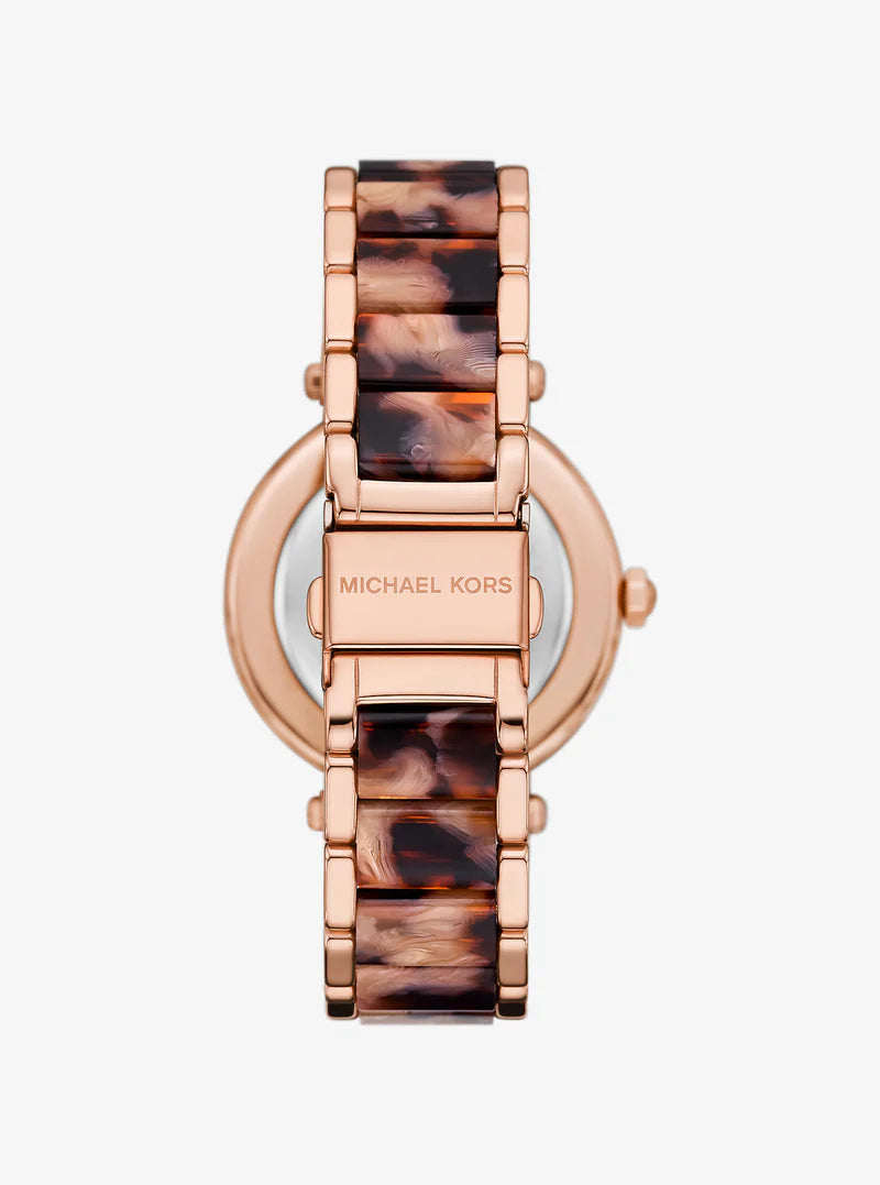 Back view of Michael Kors Parker Pavé rose gold watch showing tortoiseshell acetate strap and caseback