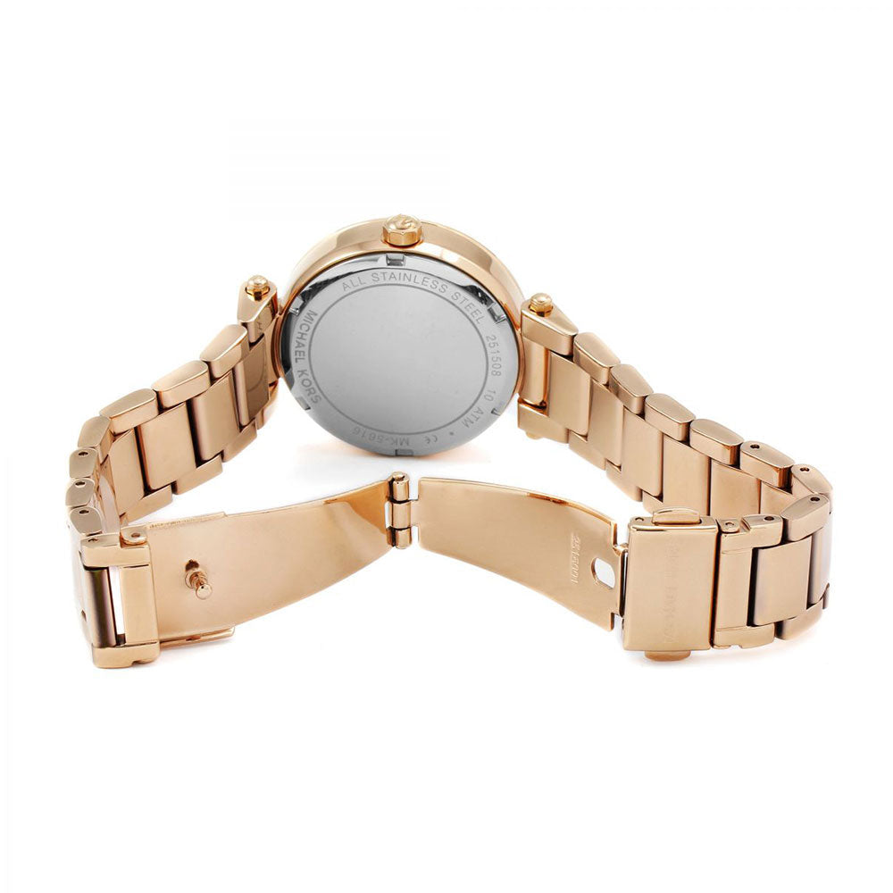 Michael Kors Parker rose gold watch caseback and bracelet view