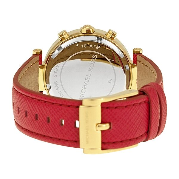 Case back of Michael Kors Parkers watch showing 10 ATM water resistance marking and leather strap