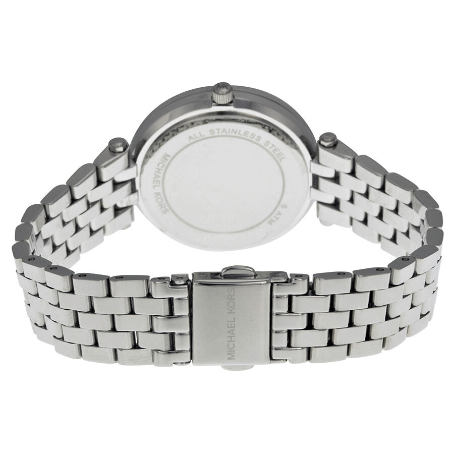 Michael Kors Petite Darci watch caseback showing stainless steel with crown and bracelet