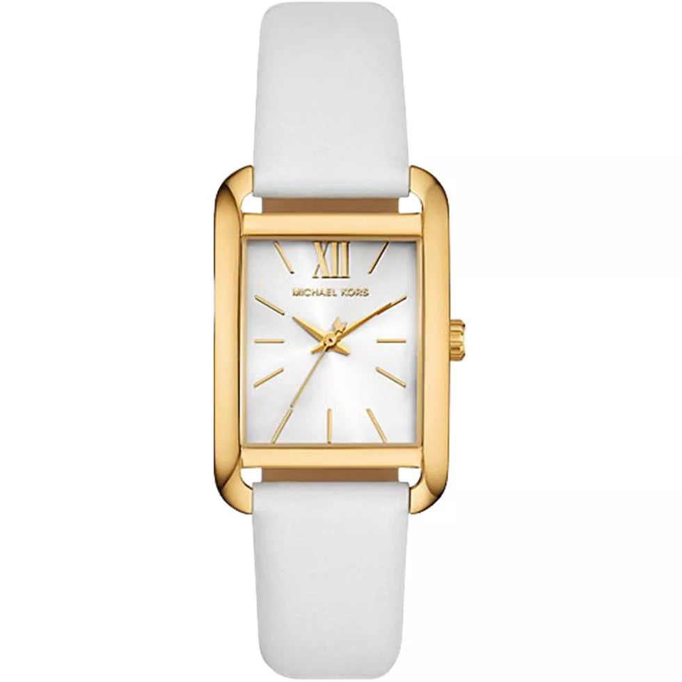 Michael Kors Petite women's watch with white dial, gold-tone case, and white leather strap