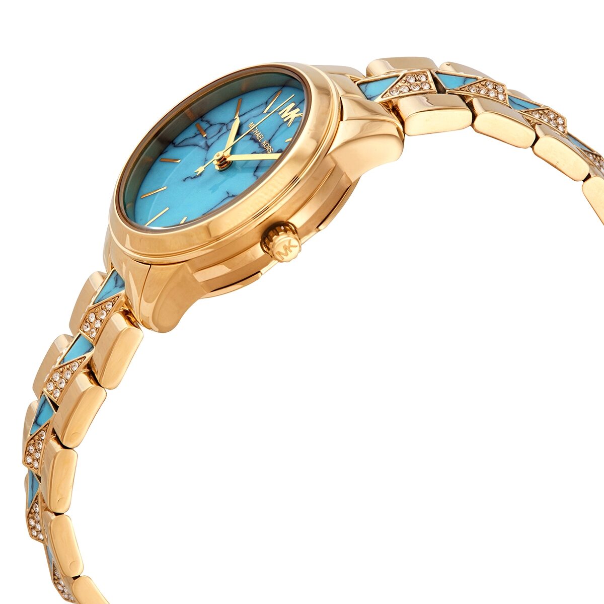 Side profile of Michael Kors Mercer watch showing turquoise dial and gold strap with crystal details