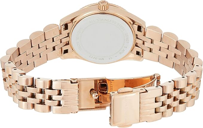 Caseback view of Michael Kors Pettie Lexington women's watch showing rose gold-tone case