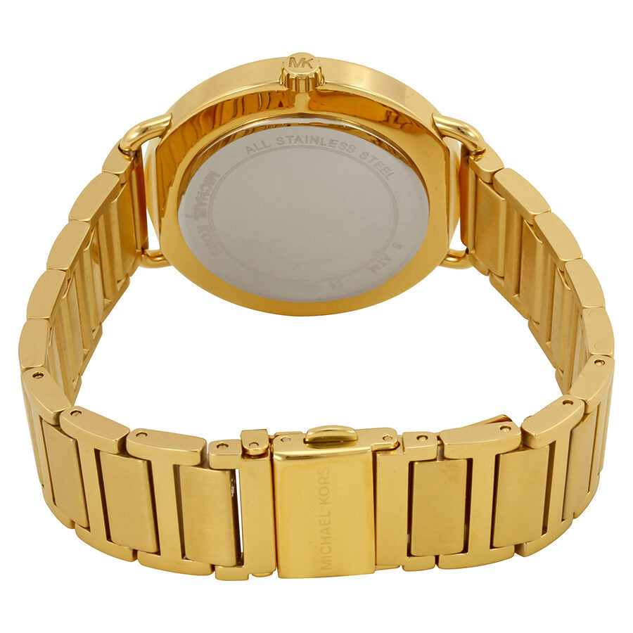 Michael Kors Portia caseback showing stainless steel case and bracelet assembly