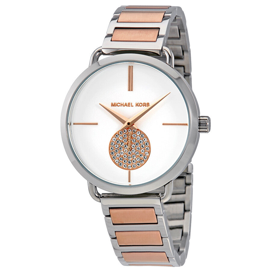 Michael Kors Portia silver dial two-tone watch with rose gold accents and crystal-embellished subdial