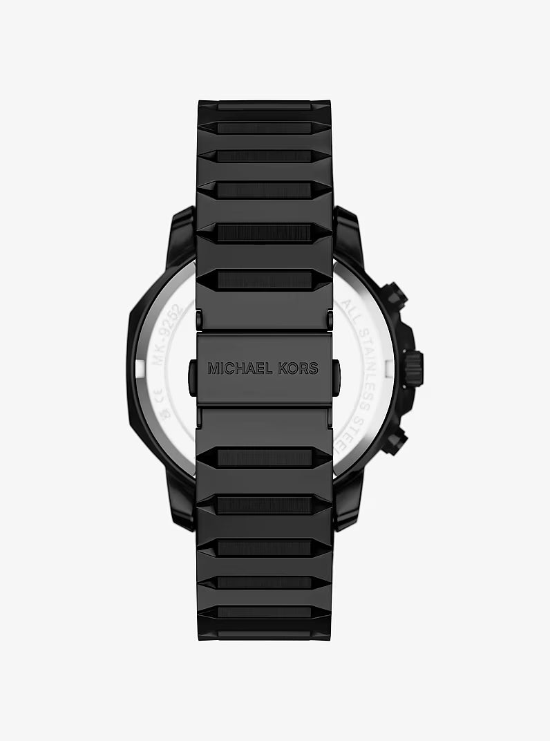 Michael Kors Prescott MK9252 caseback view with black steel bracelet strap